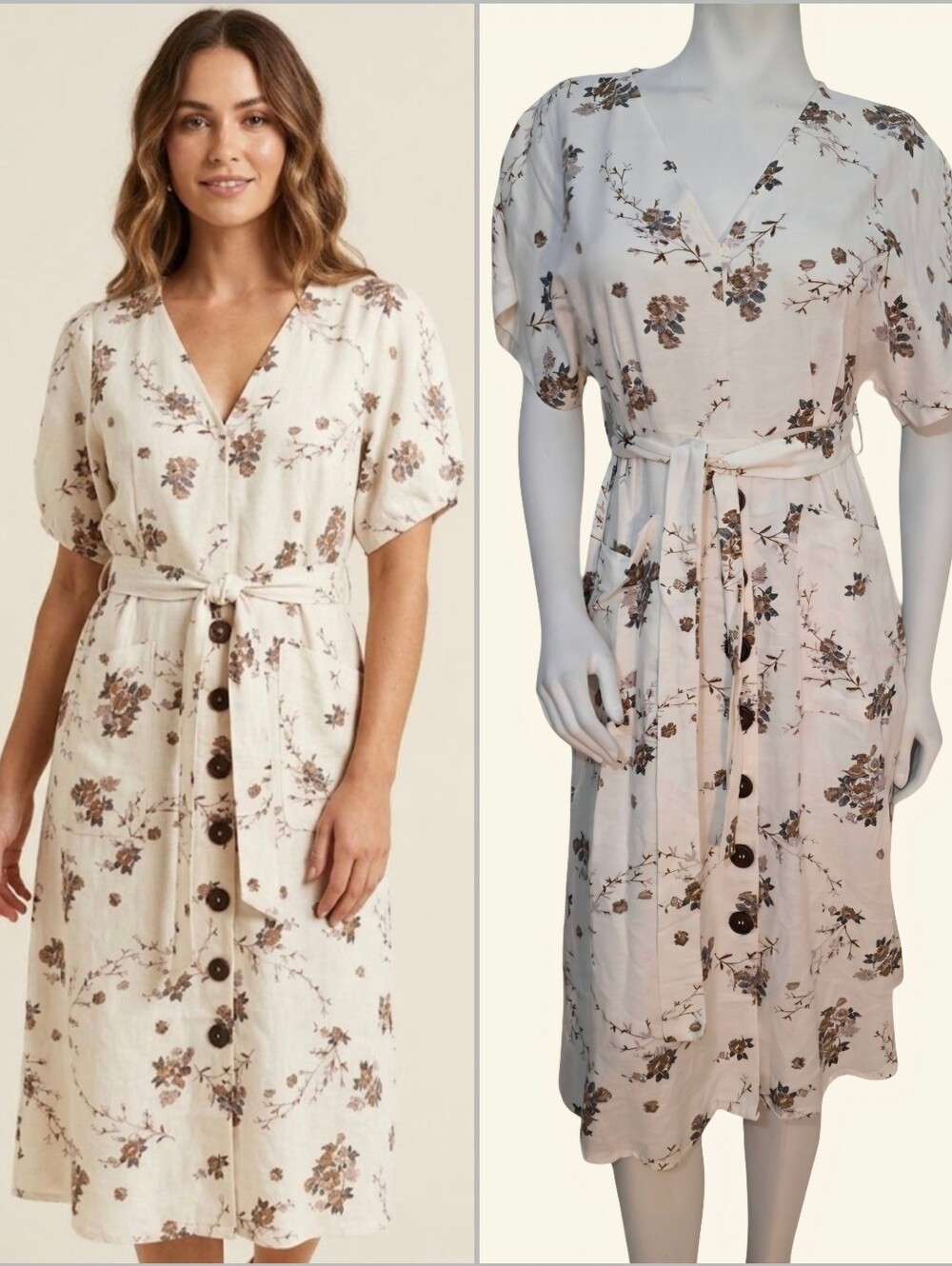 Mango Floral Button-Front Midi Dress in Cream Size 4 NWT